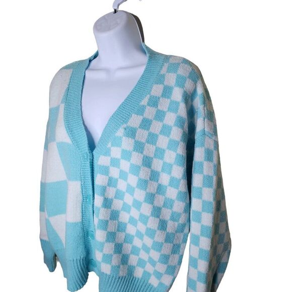 Retro Witty Fox Geometric Cardigan Sweater Womens Size S Blue White - Picture 3 of 8